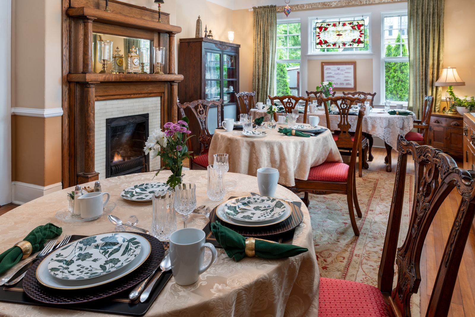 Breakfast table set on crystal and china in the Abbington Green dining room