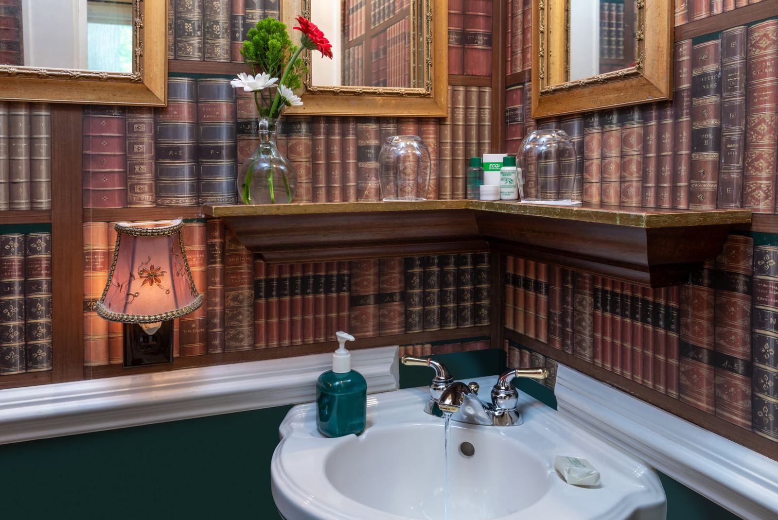 Eaton Square Suite bathroom with book-print wallpaper